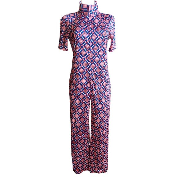 M 1OF1 Vintage Jumpsuit Bellbottom 1970's Zip-Front Mod Geometric Print Handmade